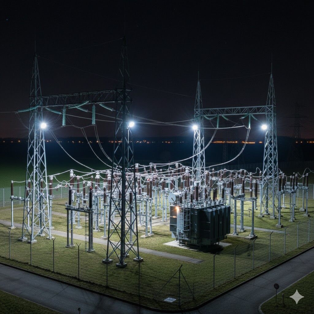 Ein hell erleuchtetes Umspannwerk bei Nacht als Beispiel für kritische Infrastruktur (KRITIS). Die Aufnahme zeigt die komplexe elektrische Infrastruktur hinter einem Sicherheitszaun und verdeutlicht die Notwendigkeit für lückenlosen Perimeterschutz und Überwachung nach dem neuen KRITIS-Dachgesetz.